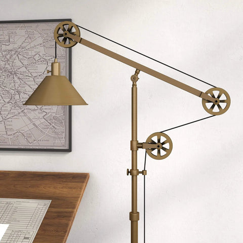 Pulley System Floor Lamp With Ribbed Glass Shade In Blackened Bronze And Clear, Adjustable 70 Inch Tall Lighting next to desk
