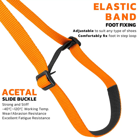 Close-up of Orange Foot Loop Ascender Sling for Rope Climbing Adjustable 88 to 125 cm with elastic band and acetal buckle.