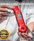 Person washing Ultra Fast Digital Meat Thermometer With 0.5 Second Instant Read NIST Certified Accuracy under running water.