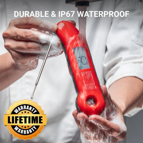 Person washing Ultra Fast Digital Meat Thermometer With 0.5 Second Instant Read NIST Certified Accuracy under running water.