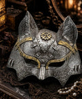 Rad Steampunk Fox Half Mask With Retro Gears And Rivets For Halloween Costume Party, unique silver metal mask on decorative surface.
