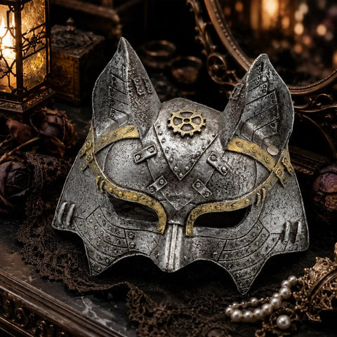 Rad Steampunk Fox Half Mask With Retro Gears And Rivets For Halloween Costume Party, unique silver metal mask on decorative surface.