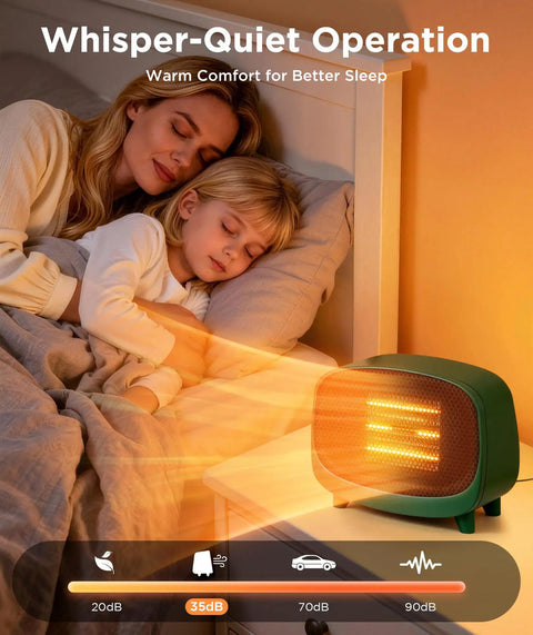 Keep You Toasty Anywhere With This Compact Tabletop 900W PTC Space Heater for Indoor Use near sleeping woman and child