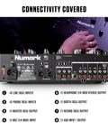 Four Channel DJ Mixer With Built In Audio Interface Three Band EQ Mic Input Replaceable Crossfader Slope Control Phono Line Mic Inputs Master Record Booth RCA Outputs And One Quarter Inch Headphone Jack For Pro Level Sets back panel connectivity