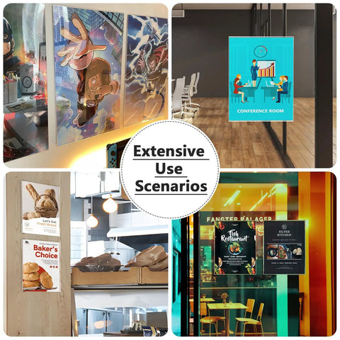 Collage of Acrylic Sign Holder 8.5x11 Wall Mount Clear Plastic Poster Frame in office, store, and restaurant settings