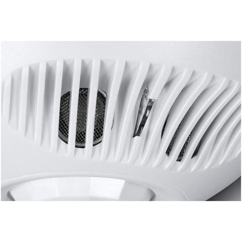Close-up of white Dual Tech Ultrasonic And PIR Ceiling Motion Sensor with 1000 sq ft coverage, showing vents and sensor details.