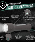 Design features of Hybrid Powered LED Flashlight With Solar And AA Battery Options, IPX4 water resistant with shatterproof lens