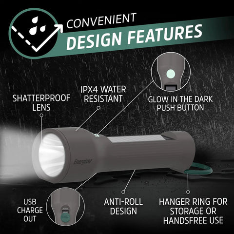 Design features of Hybrid Powered LED Flashlight With Solar And AA Battery Options, IPX4 water resistant with shatterproof lens