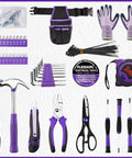 General Household Tool Set For Women And DIYers With A Purple Hand Tool Kit And Waist Pouch And Gloves For Everyday Home Repairs DIY Projects Crafts 112 Tools Hammer Pliers Tape Measure Screwdrivers Utility Knife laid out on display.