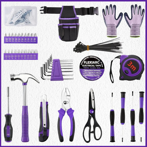 General Household Tool Set For Women And DIYers With A Purple Hand Tool Kit And Waist Pouch And Gloves For Everyday Home Repairs DIY Projects Crafts 112 Tools Hammer Pliers Tape Measure Screwdrivers Utility Knife laid out on display.