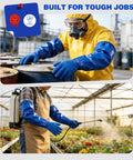 Heavy Duty Pvc Chemical Gloves With Waterproof Long Sleeve Cotton Liner Built For Hella Tough Industrial And Pool Tasks Featuring Straight Up Non Slip Grip In Blue Large Fighting Acid And Oil worn by workers handling chemicals and spraying plants.