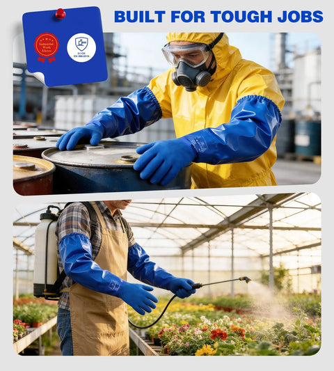 Heavy Duty Pvc Chemical Gloves With Waterproof Long Sleeve Cotton Liner Built For Hella Tough Industrial And Pool Tasks Featuring Straight Up Non Slip Grip In Blue Large Fighting Acid And Oil worn by workers handling chemicals and spraying plants.