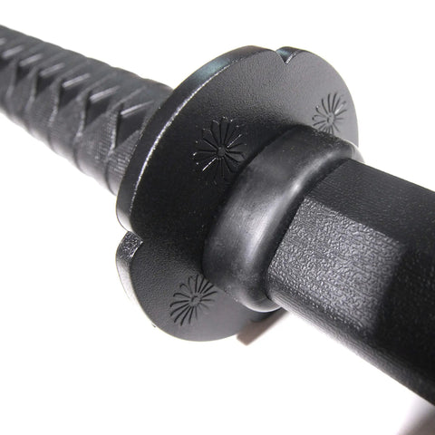 Close-up of handle and tsuba on Mokume Style Polypropylene Practice Katana With Black Saya Scabbard 24.5 Inch Training Samurai Sword