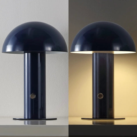 Navy Rechargeable LED Mushroom Table Lamp Cordless Cozy Bedside Light For Living Room And Bedroom 10.75 Inch Three Way Dimmable Modern Iron Desk Light With Metal Shade Portable Nightstand Lamp showing on/off states