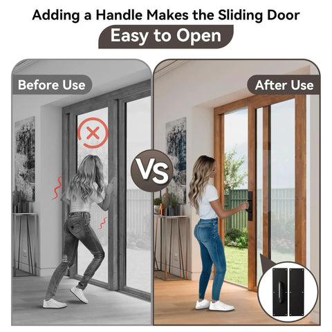 Stainless Steel Door Push Plates And Pull Handles Set For Home And Office, woman using black handle on sliding door