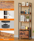 5 Tier Bookshelf With Drawer Space Saving Tall Narrow Wood And Metal Storage Organizer Industrial Display Shelf Unit For Bedroom And Living Room Rustic Brown Durable Steel Frame And Adjustable Shelves For Small Spaces with waterproof board, anti-tip kit, adjustable feet, and back board details