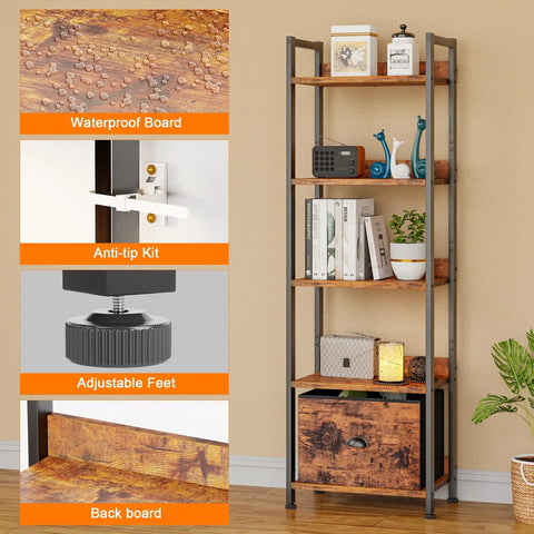 5 Tier Bookshelf With Drawer Space Saving Tall Narrow Wood And Metal Storage Organizer Industrial Display Shelf Unit For Bedroom And Living Room Rustic Brown Durable Steel Frame And Adjustable Shelves For Small Spaces with waterproof board, anti-tip kit, adjustable feet, and back board details