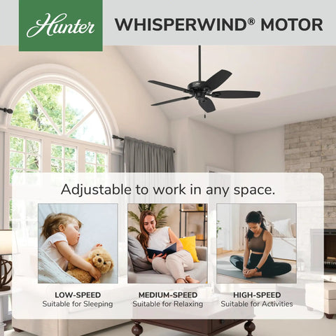 52 Inch Indoor Ceiling Fan No Light With Pull Chain Slick Matte Black Finish in a bedroom, displaying various speed modes.