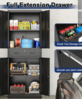 Heavy Duty Metal Garage Storage Cabinet With Locking Doors And Two Adjustable Shelves, Tall Black Lockable Tool File Cabinet For Garage, Shop, Office And Warehouse, 71 Inch High, open with drawer