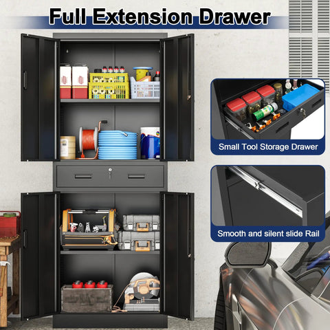 Heavy Duty Metal Garage Storage Cabinet With Locking Doors And Two Adjustable Shelves, Tall Black Lockable Tool File Cabinet For Garage, Shop, Office And Warehouse, 71 Inch High, open with drawer