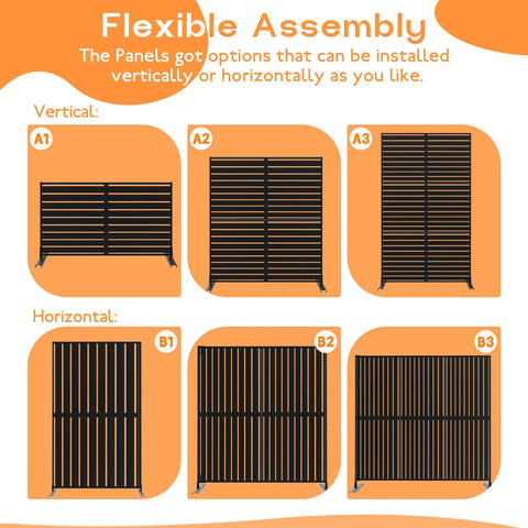 Heavy Duty Metal Privacy Screen 72 Inch High By 47.2 Inch Wide With Stand For Balcony Deck Patio Lawn Garden Outdoor Privacy Fence Panel Black Louvered Keeps Nosy Neighbors At Bay, shown in vertical and horizontal assembly options.