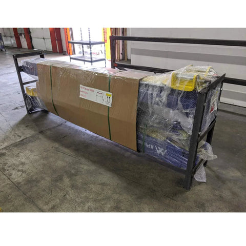 Front view of APlusLift HW-10KOH-A 10,000 lb two-post overhead car lift, boxed on a pallet with plastic wrap