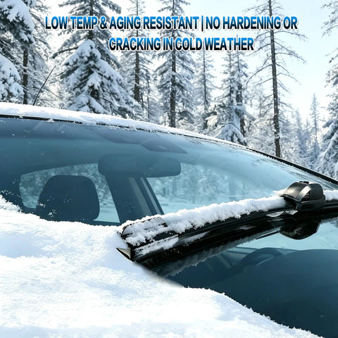 Straight Up Tough 26 And 16 Inch Windshield Wiper Blades With Heavy Metal Frame installed on a snow-covered windshield.
