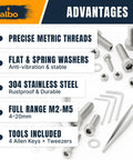 Rust Proof 304 Stainless Steel Metric Screw Kit M2 To M5 With 1000 Pieces, hex screws, washers, tools in box, advantages listed.