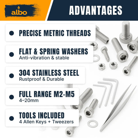 Rust Proof 304 Stainless Steel Metric Screw Kit M2 To M5 With 1000 Pieces, hex screws, washers, tools in box, advantages listed.