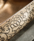 Close-up of the hand-carved patterns on Top Shelf Ceramic Bathroom Vessel Sink Bowl for above countertop vanity setup.