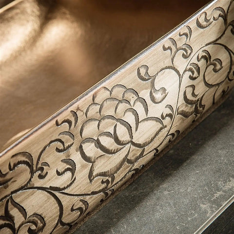 Close-up of the hand-carved patterns on Top Shelf Ceramic Bathroom Vessel Sink Bowl for above countertop vanity setup.