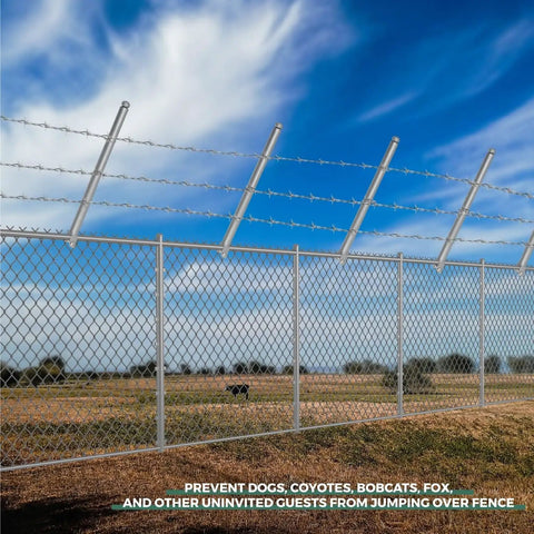 18 Pack Chain Link Fence Extension Kit With 25.2 Inch Height And 2.2 Inch Bracket, installed on fence in outdoor setting