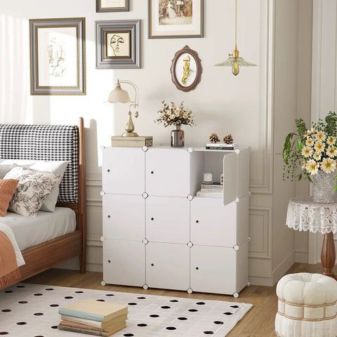 9 Cube Storage Organizer With Doors For Bedroom And Living Room, DIY Plastic Modular Bookshelf Closet Cabinet in milky finish