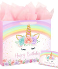 13 Inch Unicorn Gift Bag With Greeting Card And Tissue Paper For Baby Girls And Kids Birthday Party Rainbow Unicorn Theme All In One Gift Bag Set For Easy Celebration, featuring colorful unicorn design and pink tissue paper.