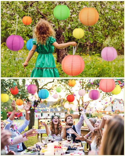 Children and adults celebrating under 80 Pcs Rainbow Paper Lanterns Set In 4 6 8 10 Inch Sizes Multicolor Ceiling Hanging Decor