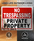 Private Property No Trespassing Signs 10x7 Inch 40 Mil Aluminum Reflective UV Printed Weatherproof Easy To Mount High Visibility Security Sign For Home And Business 2 Pack displayed against dust and water backgrounds.