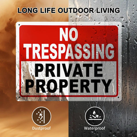 Private Property No Trespassing Signs 10x7 Inch 40 Mil Aluminum Reflective UV Printed Weatherproof Easy To Mount High Visibility Security Sign For Home And Business 2 Pack displayed against dust and water backgrounds.