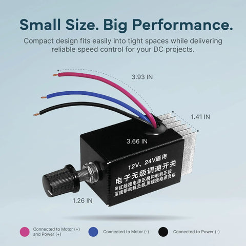 Stepless DC Motor Speed Controller For 12V And 24V Systems With 10A PWM Variable Regulator And Smooth Rotary Dial Easy Install Replacement For Broken Factory Switches Panel Mount Drive Controller For RC Cars Robotics And DIY Projects, compact 3.66x1.26 in unit with wires