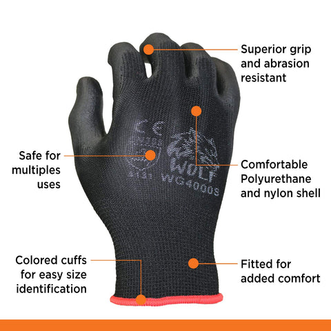 Extra Large Black Work Gloves With A Nasty Grip And Badass Flexibility In This Pack Of 12 showing durable nylon and polyurethane material.