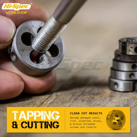Close-up of a 39-Piece Metric Tap and Die Set For Diyers M3 To M12 Thread Tapping and Threading Kit showing a die with threading action.