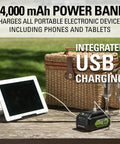 24,000 mAh power bank with integrated USB charging for phones and tablets on outdoor picnic table.