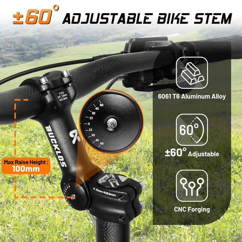 Beefy Adjustable Bike Stem For 31.8mm And 25.4mm Riser Handlebars With Tilt Range From Minus 60 To Plus 60 Degrees displayed.