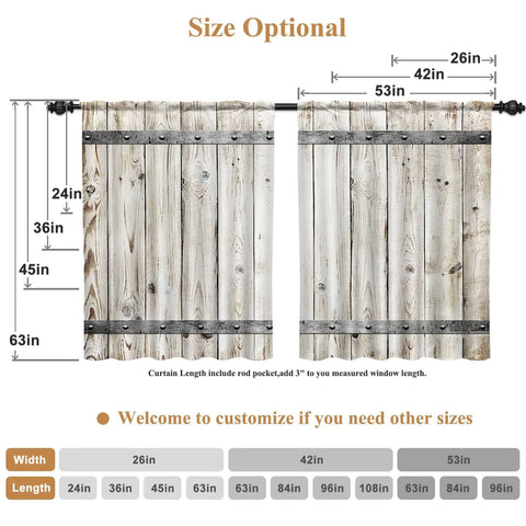 Image showing two Rustic Barn Door Style Kitchen Curtains 2 Panels 26 By 36 Inch Linen Fabric, with size options and customization info.
