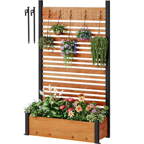 72 Inch Outdoor Privacy Fence Panel With Planter Box And Trellis For Backyard And Patio Privacy Brown Natural Wood With Classic Grain Hides Trash Cans And AC Units One Panel For A Yard Upgrade With A Cool Outdoor Screen featuring lush plants