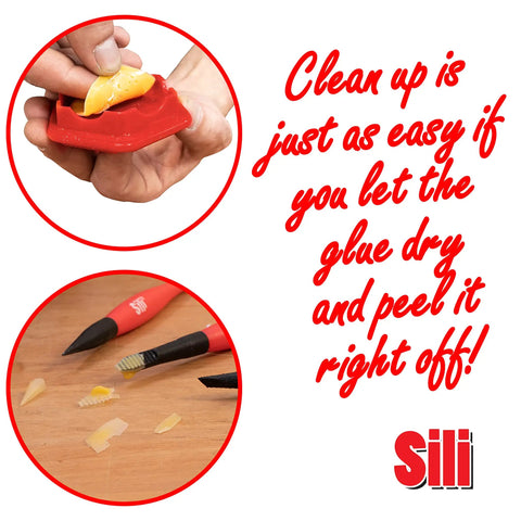 Hand peeling dried glue off Sili Glue Pod With Three Micro Glue Brushes And Sealable Lid Set. Text about cleanup ease.