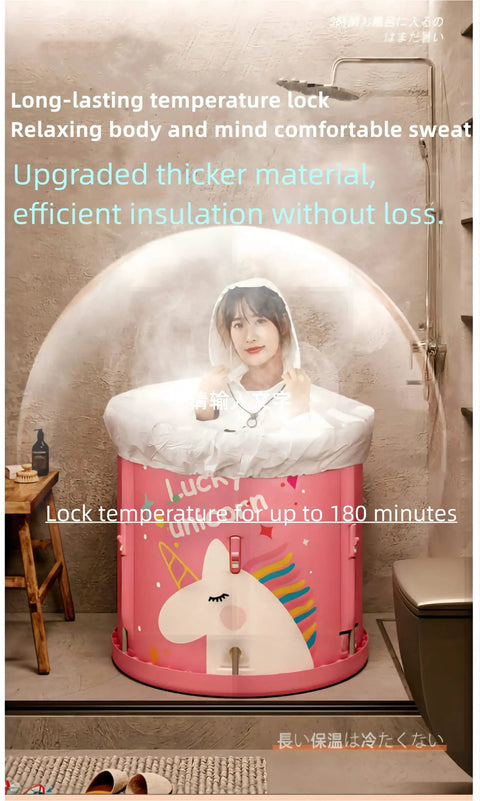 Woman in portable folding bathtub with quick open design, featuring unicorn decal, lightweight and no install needed.