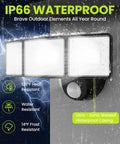 7500 Lumen Motion Sensor Outdoor Flood Light with 3 Adjustable Heads, showing IP66 waterproof rating in heavy rain conditions
