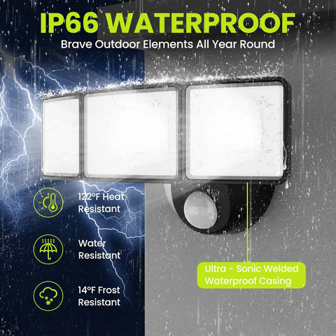 7500 Lumen Motion Sensor Outdoor Flood Light with 3 Adjustable Heads, showing IP66 waterproof rating in heavy rain conditions