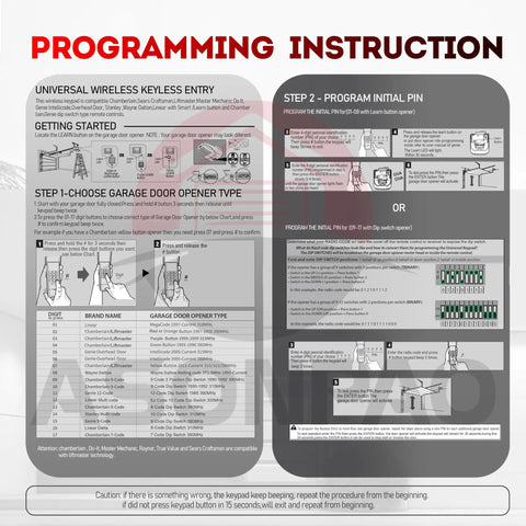Programming instructions for Universal Garage Door Opener Keypad All In One That Plays Nice With 17 Brands Model 940EV-P2