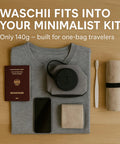 No Sweat Pocket Size Manual Travel Clothes Washer For Camping And Vanlife Lightweight Portable Mini Hand Wash Kit Eco Friendly Essentials Gear Clean Up Pack Light Wash Anywhere flat lay with travel essentials, including a shirt, passport, phone, and washer.